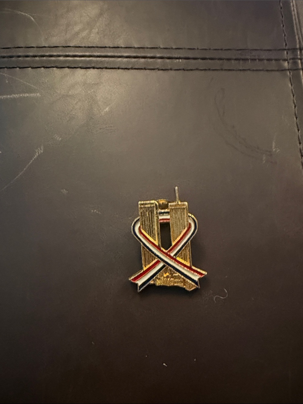 Gold-tone Memorial Ribbon Pin with Red, White & Blue Accents
